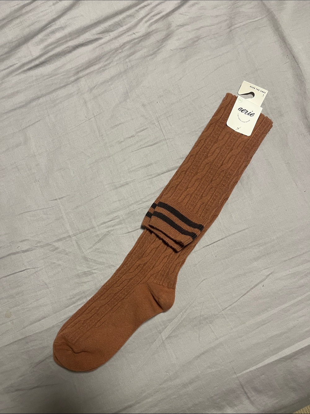 aerie Cable-Knit Knee-High Socks in Rust with Black Stripes